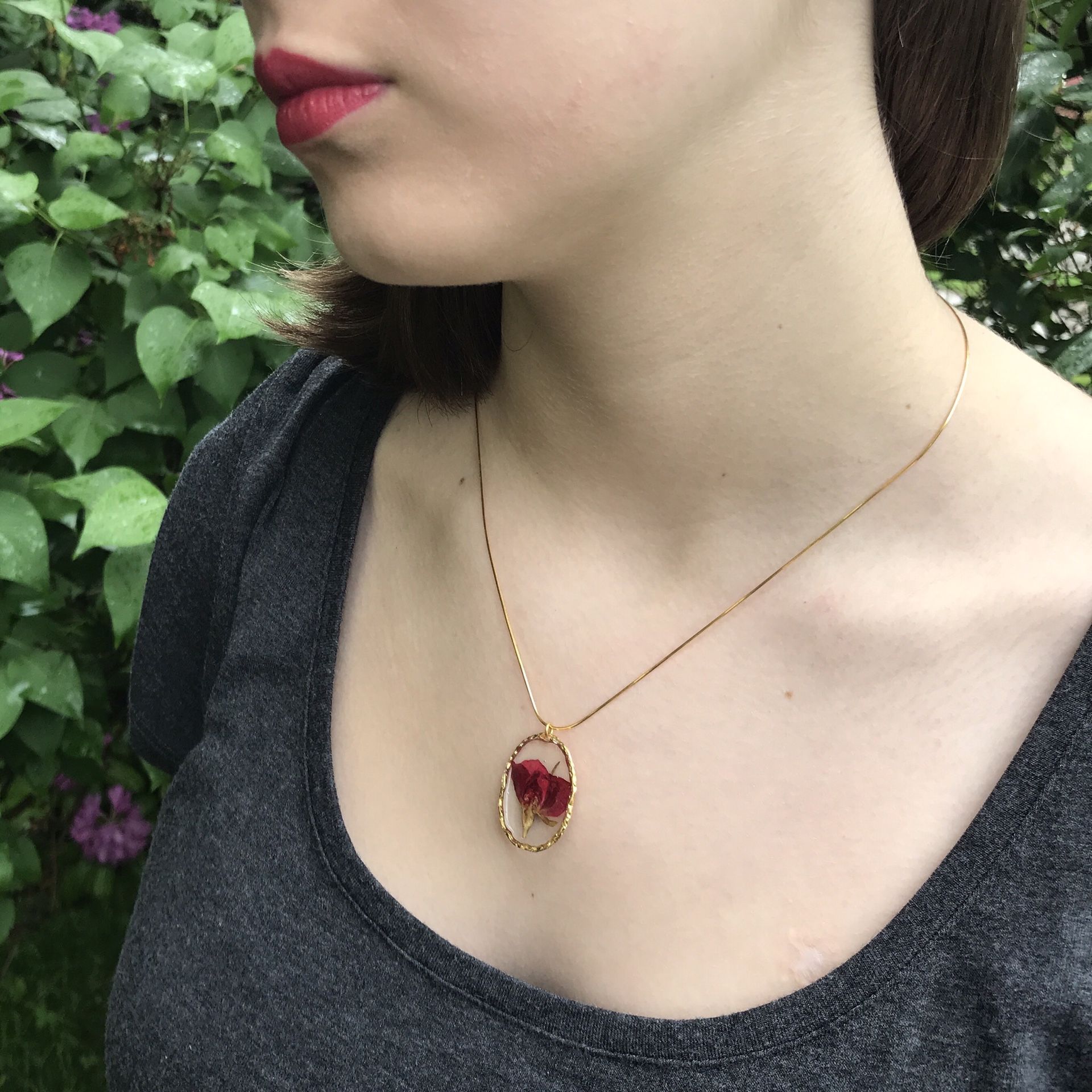 Handmade Dried Rose Gold Tone Wire Wrapped Pendant Necklace Dried Flower