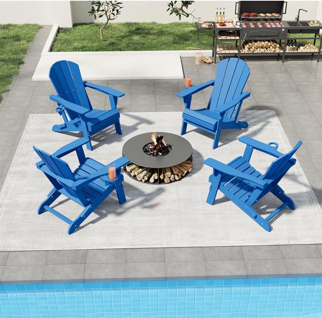 New Folding Adirondack Chairs with Cup Holders, Set of 4 HDPE Plastic Outdoor Chairs, Weather Resistant, Real Wood Look, Heavy-Duty Patio Furniture fo
