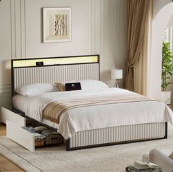 King Ebern Designs Antioch Upholstered Bed – LED + Storage – $140 OBO