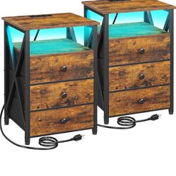 Night Stands Set Of 2 Rustic Brown w/LED Lights And Plugs