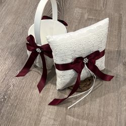Ring bearer Pillow and flower girl basket set Burgundy and white