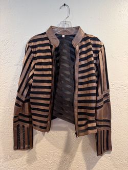 Bronze and Black leather Striped Zip-Up Jacket