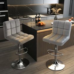 New Set of 2 Faux Leather Bar Stools, Adjustable Height Hydraulic Swivel Armless Barstools, Extra Tall Square Kitchen Bar Stool with Backrest, Set of
