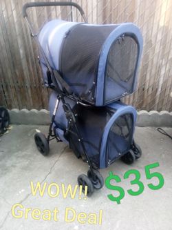 Double Pet Stroller Blue Two-Compartment