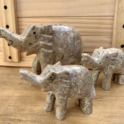 Fossil Shell Beige Marble Elephant Mother & Calves Set Of 3 Statues Figurines (Heavy) 