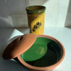 Ceramic Tortilla Warmer, Terra Cotta And Kitchen Assecories/wine Bottle Holder 