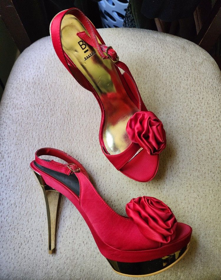 Stunning Red Satin Heels with Gold Platform - Size 9