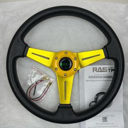 RASTP 13.8”/350mm Universal Racing Steering Wheel Vinyl Leather Gold 6 Bolts Steering Wheel