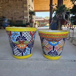 Bright Yellow Vase Talavera Clay Pots. Planters, Pottery, Plants $95 por las 2