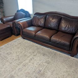 Leather Sofa, Chair, and Ottoman Set - Brown (Solid Wood & Nailhead Trim)