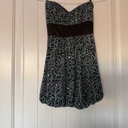 Strapless Teal & Black Sparkle Cocktail Dress with Satin Waistband and Bow Back 