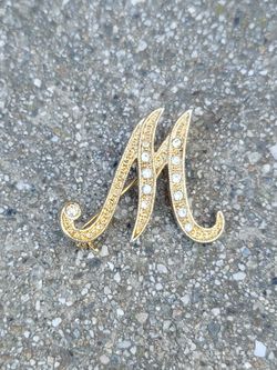 Vtg Gold Tone Letter "M" Brooch Pin with Rhinestone Accents