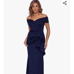 New Xscape Long Off Shoulder Sweetheart Neck Side Ruffle Gown 