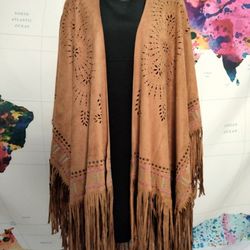 Faux Suede Fringed, Embroidered Shawl/Wrap