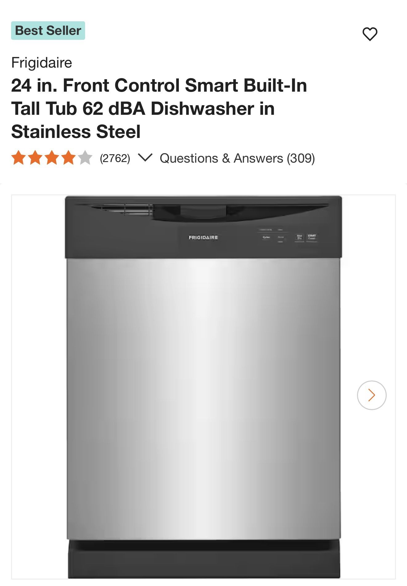 Frigidaire 24 in. Front Control Smart Built-In Tall Tub 62 dBA Dishwasher in Stainless Steel