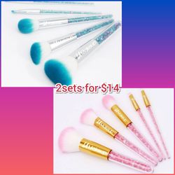 blue and pink 5pcs glitter crystal handle makeup brush sets.