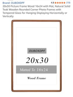 20x30 Picture Frame Wood 16x24 with Mat, Natural Solid Teak Wooden Rounded Corner Photo Frames with Tempered Glass BIG NEW