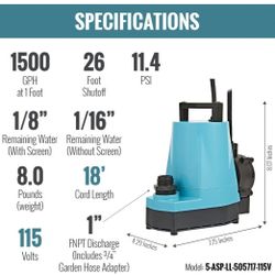 Little Giant 5-ASP-LL 115-Volt, 1/6 HP, 1500 GPH Automatic Aluminum Utility Pump with Piggy-back Diaphragm Switch, 18-Ft. Cord, Blue, 505717
