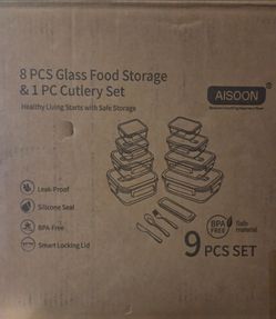 8 PCs glass food storage &1 pc cutlery set