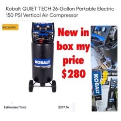 Brand new in  box Kobalt QUIET TECH 26-Gallon Portable Electric 150 PSI Vertical Air Compressor $280 firm don’t ask nothing lower cash only East Palmd