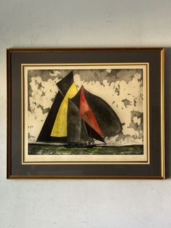 GREAT VINTAGE MODERN ABSTRACT NAUTICAL SAILBOAT ETCHING LITHOGRAPH BOAT ALBERT