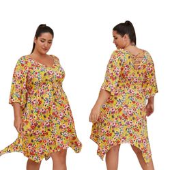 Torrid Women's Dress Yellow Babydoll Stretch Challis Floral Hanky Hem V Neck