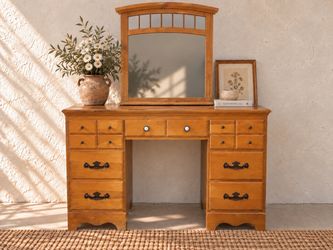 Wood 7-Drawer Vanity with Matching Arched Mirror