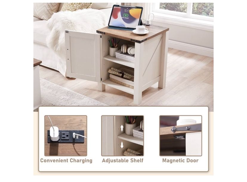 Bedside table with charging station, side table of 18-inch farm with barn door and shelf of Adjustable storage, wooden sofa side table Paperback
