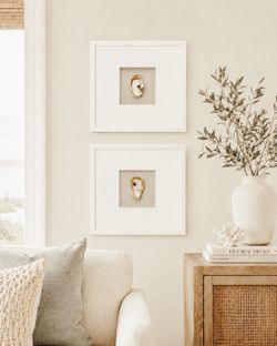 Set 2 Framed Wall Art Mother of Pearl Oyster Shells Gold Leaf Linen Mat Coastal Beach Decor White