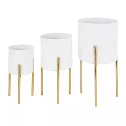 Set 3 Planters Tiered Nestling White & Gold