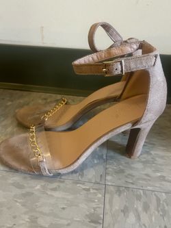 Taupe Suede Heeled Sandals with Gold Chain