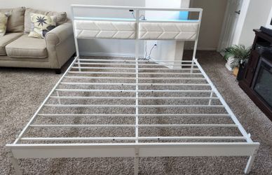 King Size Off-White Metal and Wooden Upholstered Frame with Headboard, Footboard, Shelves, LED Lights and Charging Station