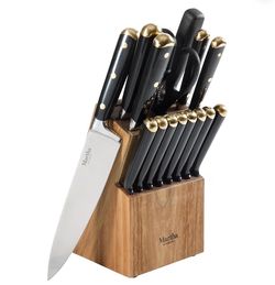 Martha Stewart 16-Piece Lockton High Carbon Stainless Steel Knife Block Set - Forged Full Tang Chef Knives, Acacia Wood Block, Triple Riveted Handles,