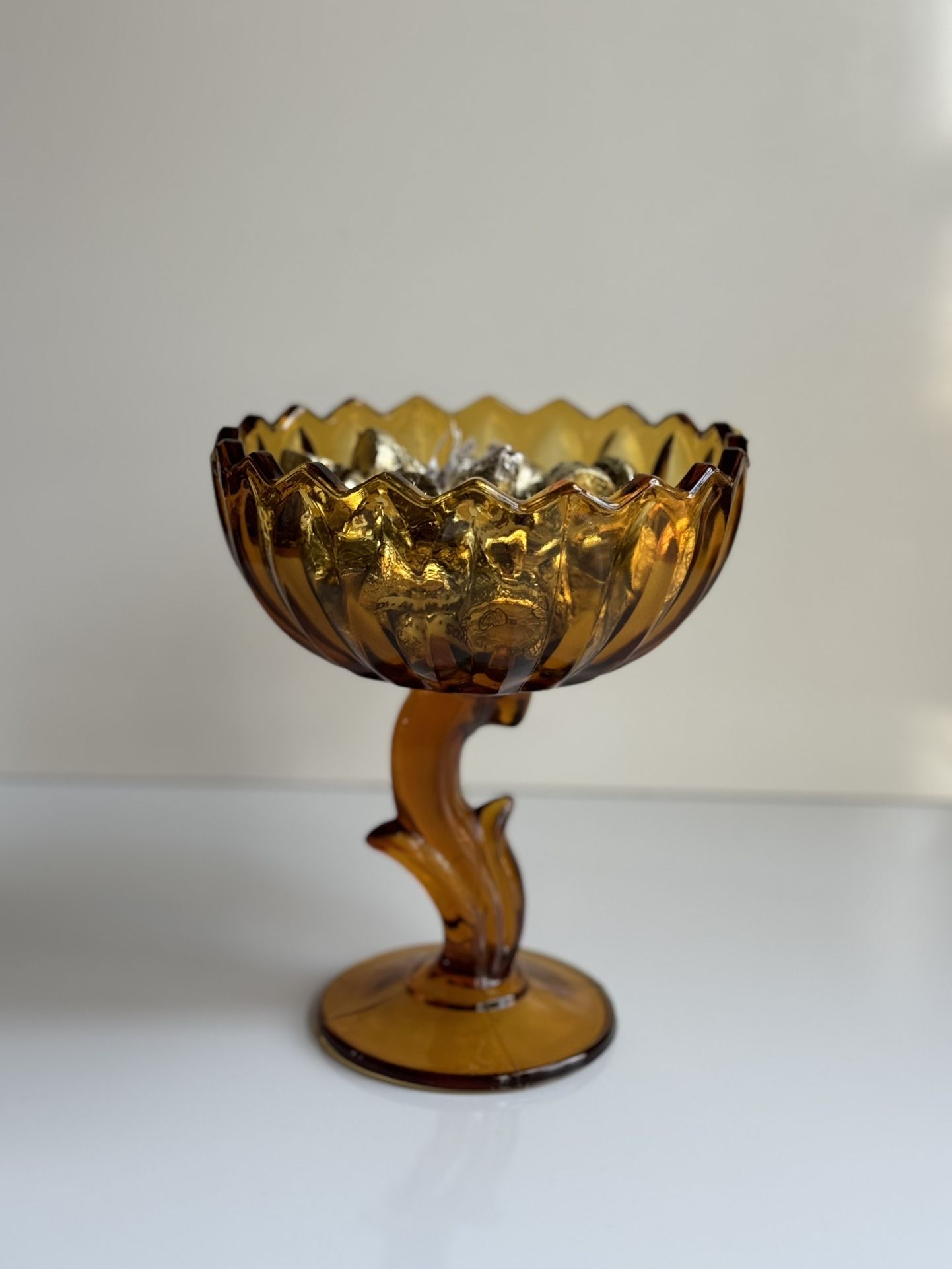 Vintage Heavy Amber Indiana Glass Lotus Blossom Candy / Compote Dish