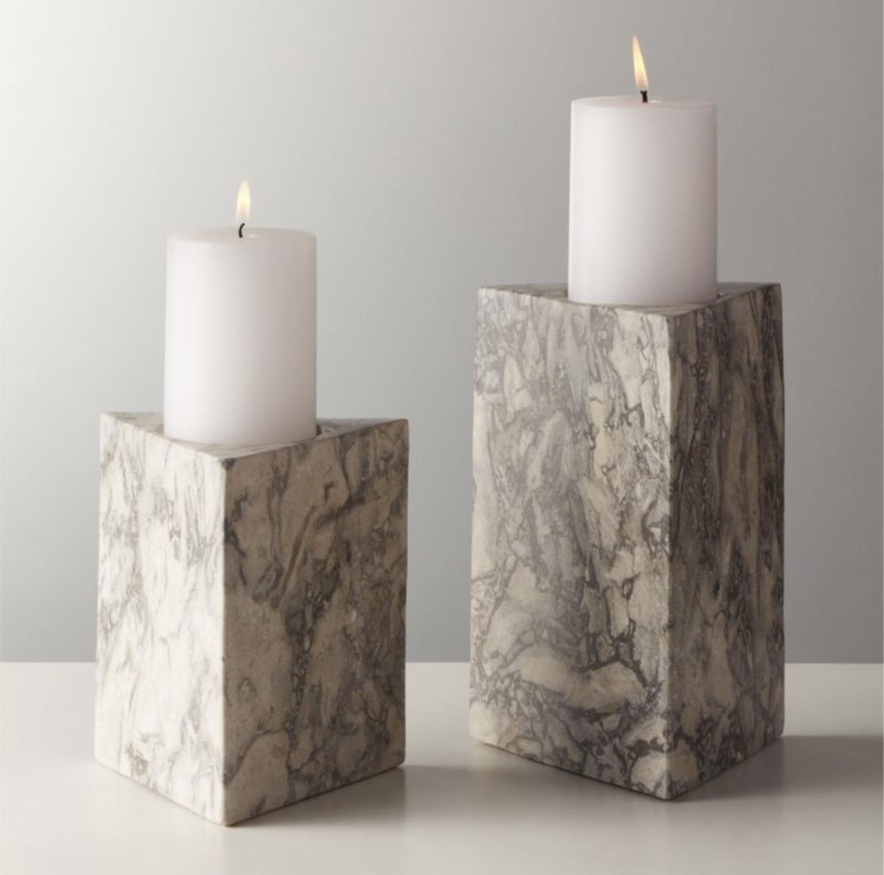 Cb2 TRIG GREY MARBLE PILLAR TRIANGLE CANDLE HOLDERS