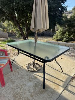Glass Patio  Table And Umbrella 