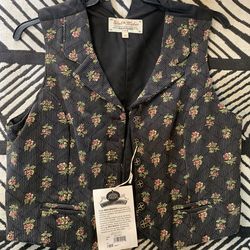 New Wah-Maker Western Vest Medium Floral Pattern Black Front/black Back