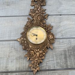 Vintage Syroco Gilded Floral Wall Clock 8 Day Jeweled Rococo 1960s USA
