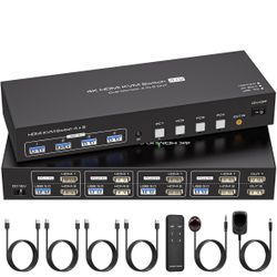 HDMI KVM Switch 4 Computers 2 screen 4K 60Hz 2K 120Hz 4 Port Dual screen KVM Switches for Four PC Share 2 screen and 4xUSB 3.0 Devices with Remote Cnt