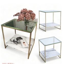 Glass Top Faux Marble End Side Table/Night Stand with Gold Metal Legs