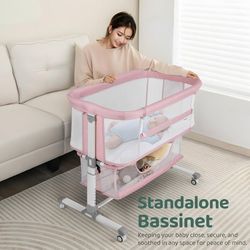 Bassinet Bedside Sleeper, Portable, Breathable, Adjustable Baby Bedside Bassinet for Peaceful Nights, Pink