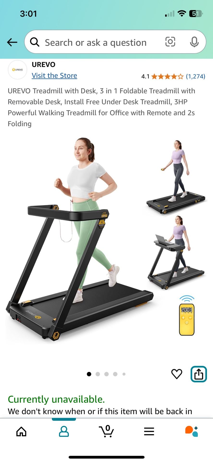 $250 - UREVO Treadmill with Desk, 3 in 1 Foldable Treadmill with Removable Desk, Install Free Under Desk Treadmill, 3HP Powerful Walking Treadmill for