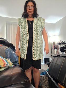 Hand crocheted blue and white long vest