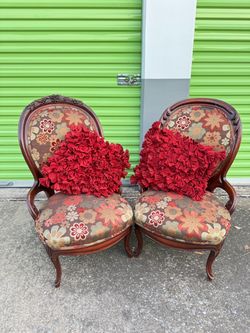 Chair Pair – Carved Wood Accent Chairs, Floral Upholstery