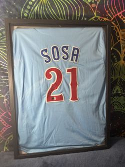 *FRAMED* Slammin Sammy Sosa Signed Jersey - BECKETT Authentic COA - Chicago Cubs HOF HR King Baseball - Powder Blue Full Size MLB Jersey!