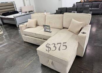 Brand New 2-Pc Corduroy Sectional Sofa With Storage, Pullout Bed, And USB Port 