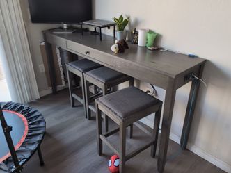 Gray Console Bar Table with 3 Stools