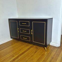 New Black Modern Sideboard Buffet Cabinet Storage 3 Drawer, 2 Doors Gold Handles