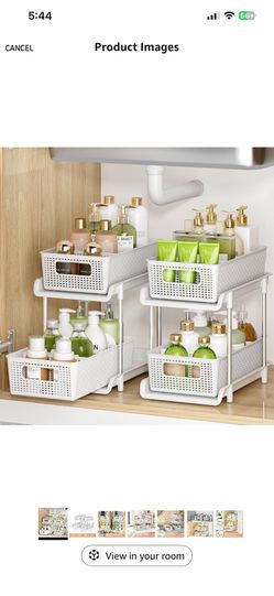 Bathroom Organizer with Dividers, 2Pcs 2 Tier Stackable Under Sink Organizers and Storage Cabinet Organizers for Bathroom Kitchen Pantry Organization 