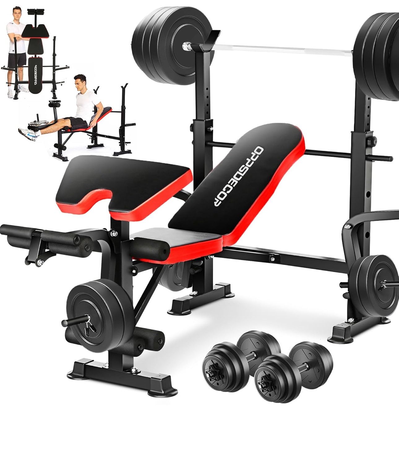 OPPSDECOR 6 in 1 660lbs Weight Bench with Leg Extension and Leg Curl, Foldable Bench Press Set and Squat Barbell Rack with Preacher Curl, Adjustable W